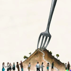 A drawing of a giant table fork stuck in a hill with a path running through the prongs and people looking up from the base of the hill